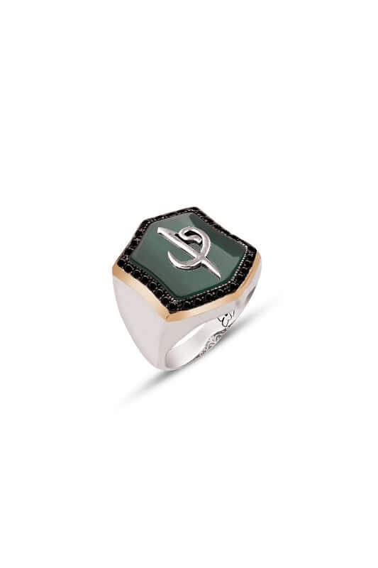 Akik Taşlı Erkek Yüzük Elif Vav Harfli Gümüş - ÖzelSen