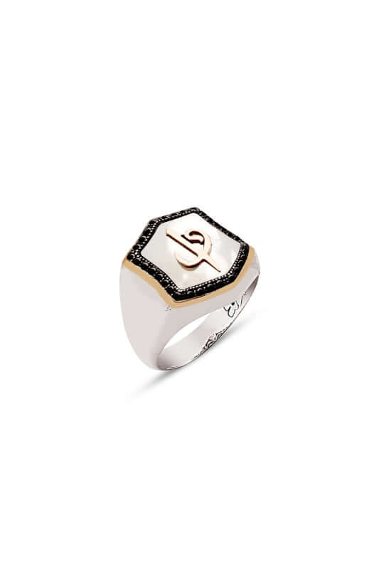 Elif Vav Yüzük Erkek Gümüş Sedef Taşlı - ÖzelSen