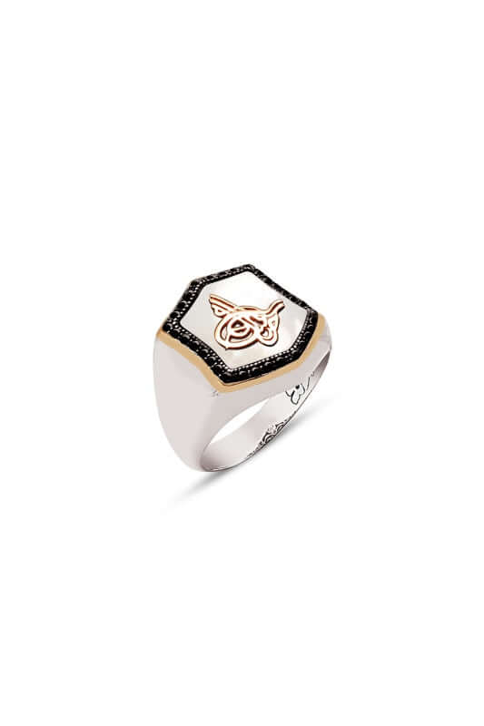 Osmanlı Tuğralı Yüzük Erkek Zirkon ve Sedef Taşlı - ÖzelSen