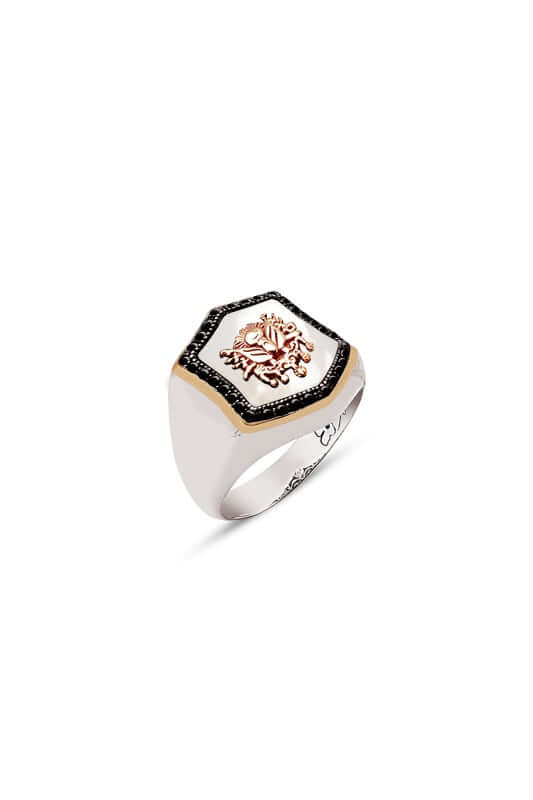 Osmanlı Armalı Yüzük Gümüş Zirkon ve Sedef Taşlı - ÖzelSen