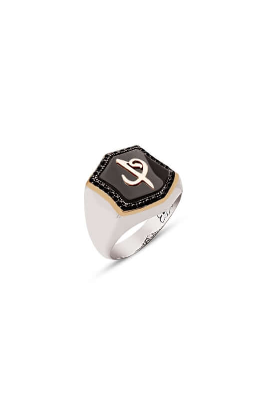 Elif Vav Yüzük Erkek Gümüş Zirkon ve Oniks Taşlı - ÖzelSen