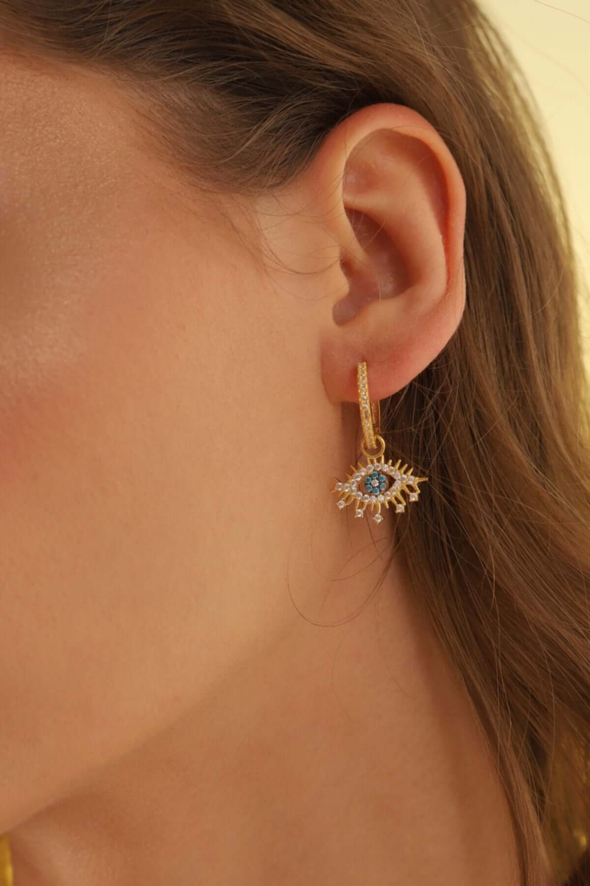 Zirkon Taşlı Göz 925 Ayar Gümüş Nazar Boncuklu Küpe - ÖzelSen