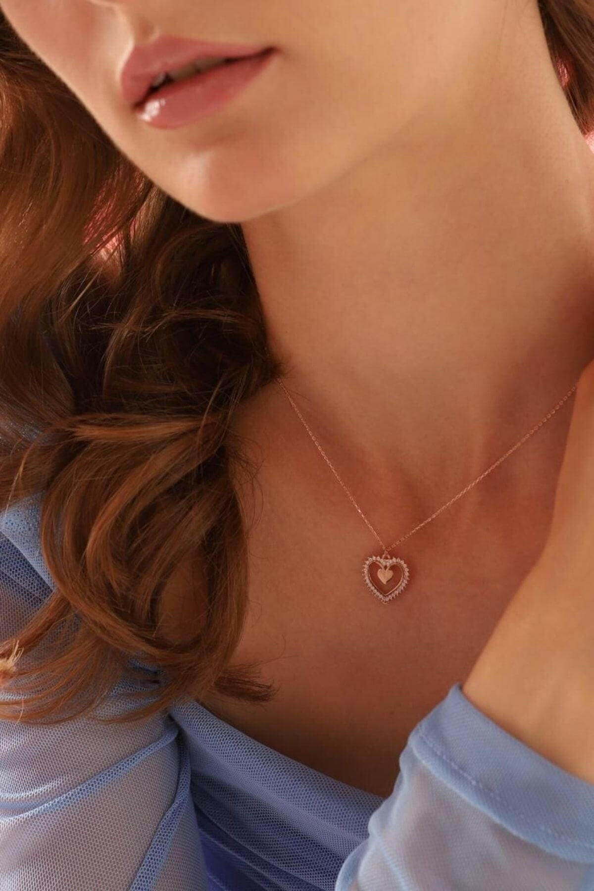 925 Ayar Gümüş Kalp Içinde Kalpli Kolye - ÖzelSen