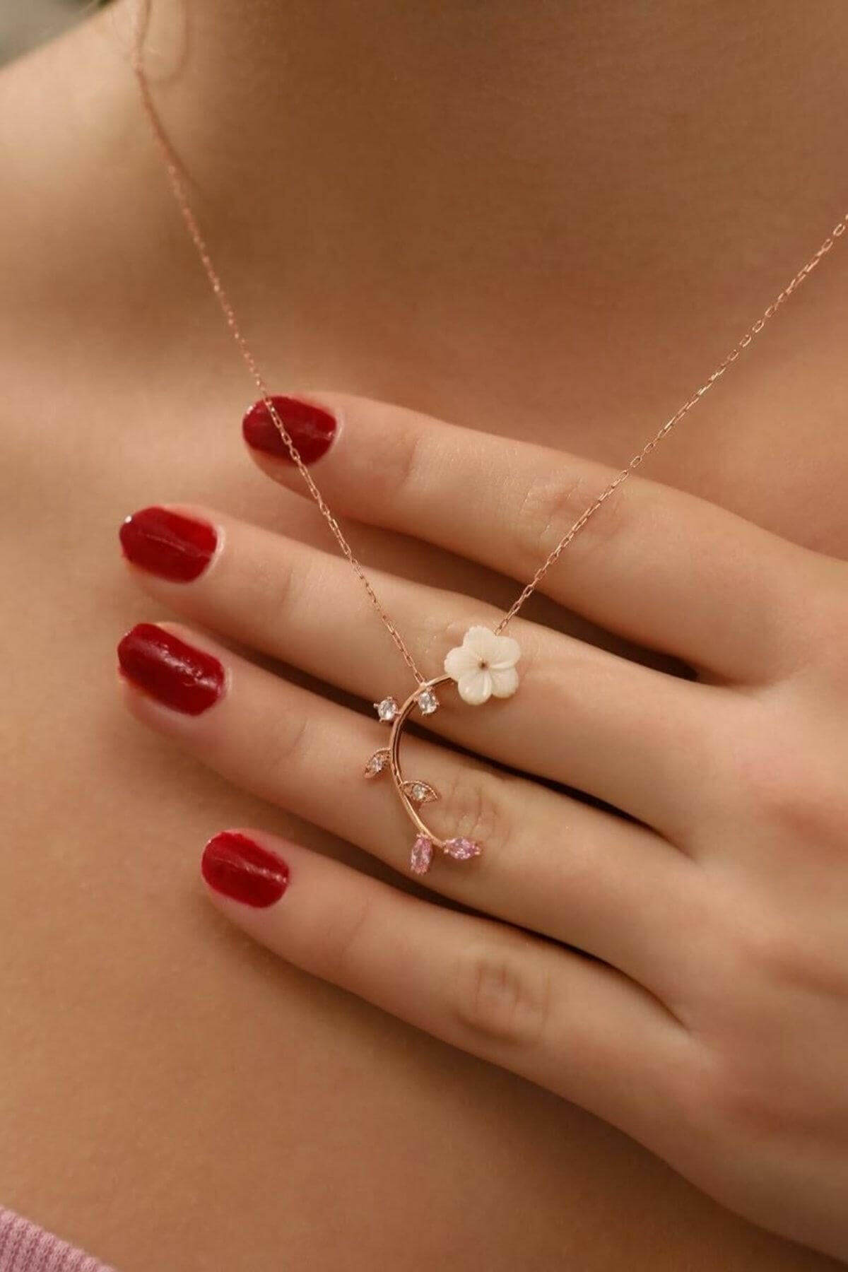 925 Ayar Gümüş Pembe Taşlı Kiraz Çiçeği Kolye - ÖzelSen