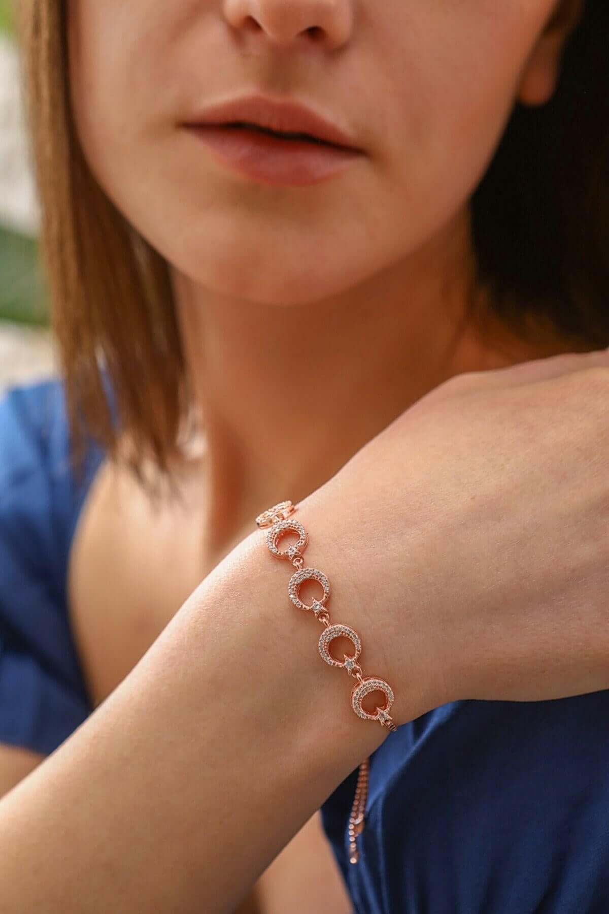 925 Ayar Gümüş Sıralı Ay Yıldız Bileklik - ÖzelSen