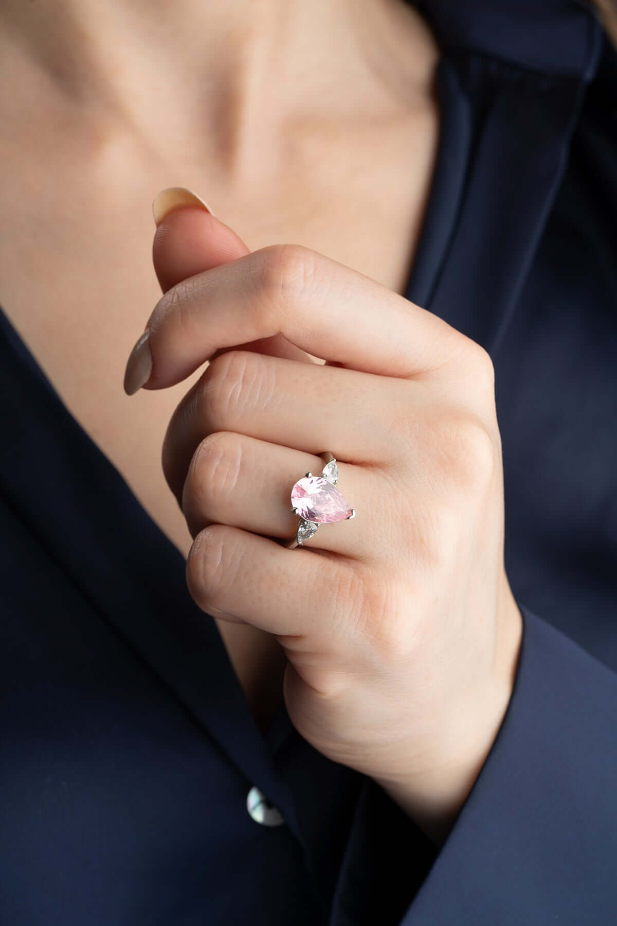 925 Ayar Gümüş Pembe Zirkon Taşlı Damla Yüzük - ÖzelSen