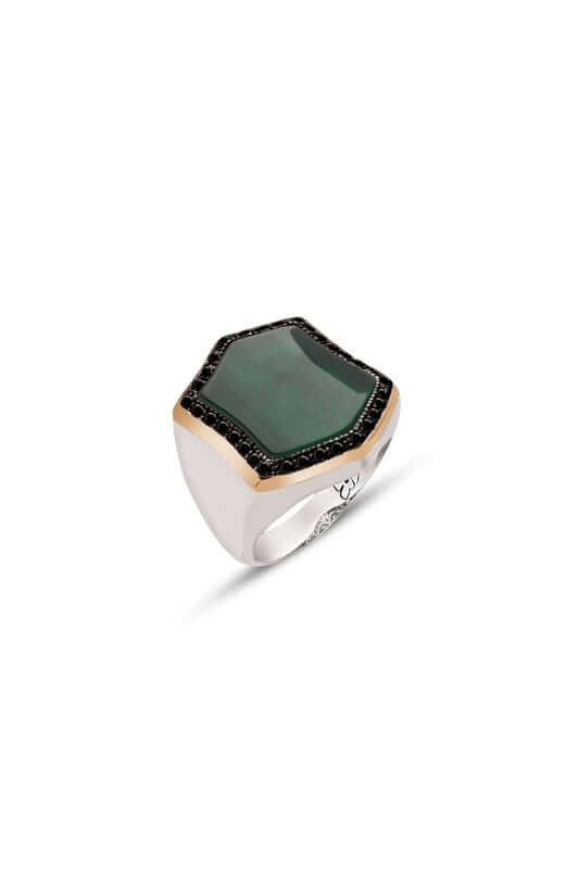 Akik Taşlı Erkek Yüzük Zirkon İşlemeli Yeşil Akik - ÖzelSen