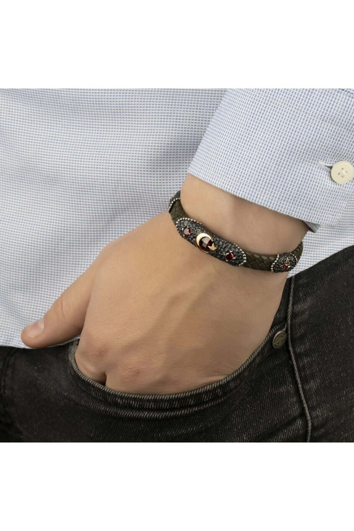 Gümüş Ayyıldız Motifli Haki Yeşil Hakiki Erkek Deri Bileklik - ÖzelSen