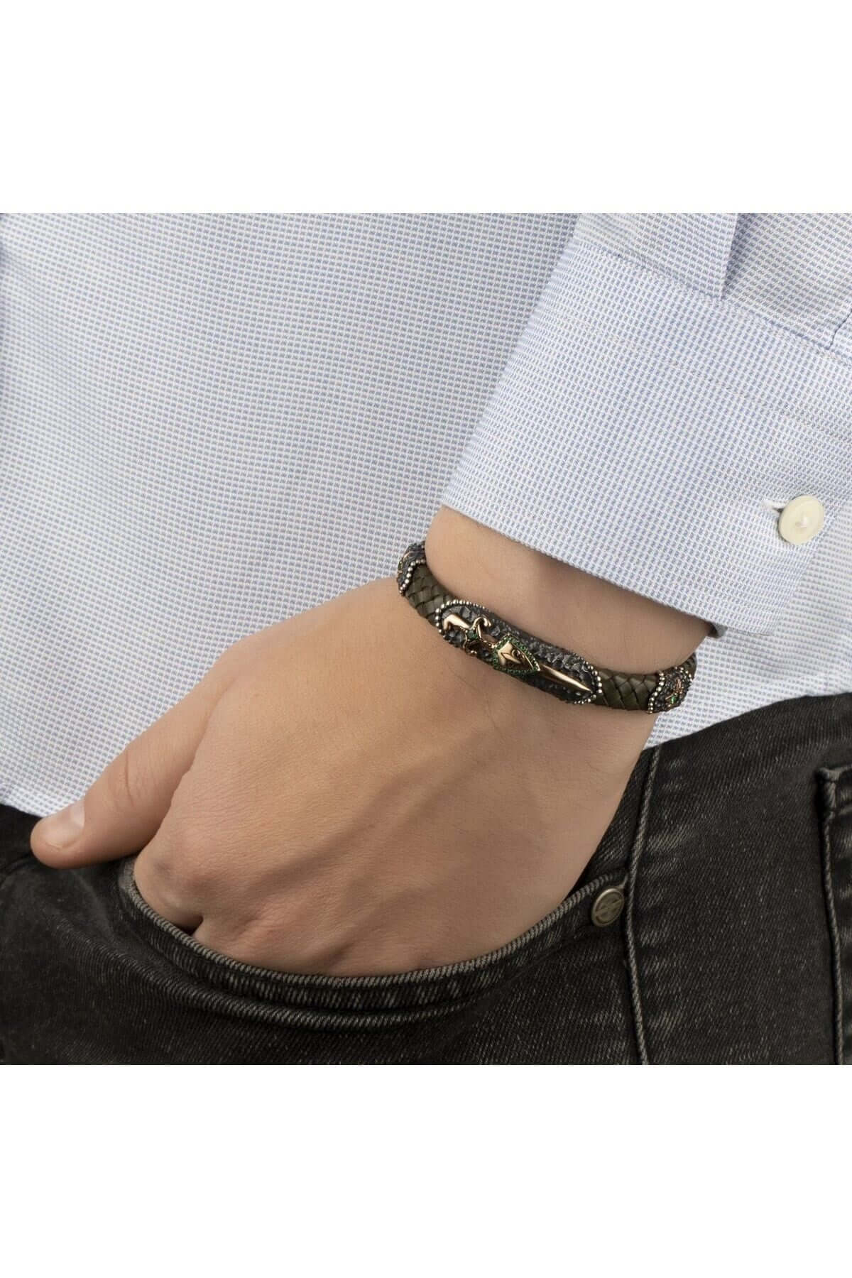 Gümüş Hançer Motifli Haki Yeşil Hakiki Erkek Deri Bileklik - ÖzelSen