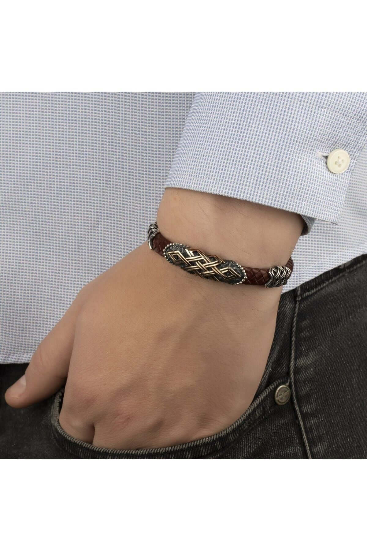 Gümüş Parça Motifli Bordo Hakiki Erkek Deri Bileklik - ÖzelSen