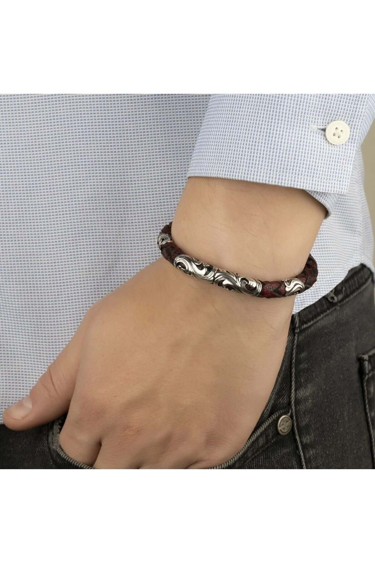 Gümüş Parçalı Eskitme Bordo Hakiki Erkek Deri Bileklik - ÖzelSen