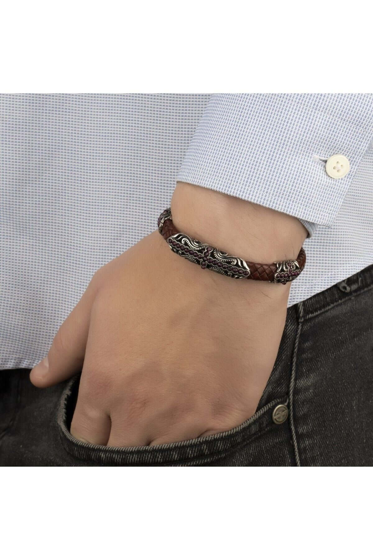 Gümüş Parçalı Taşlı Hakiki Erkek Deri Bileklik - ÖzelSen