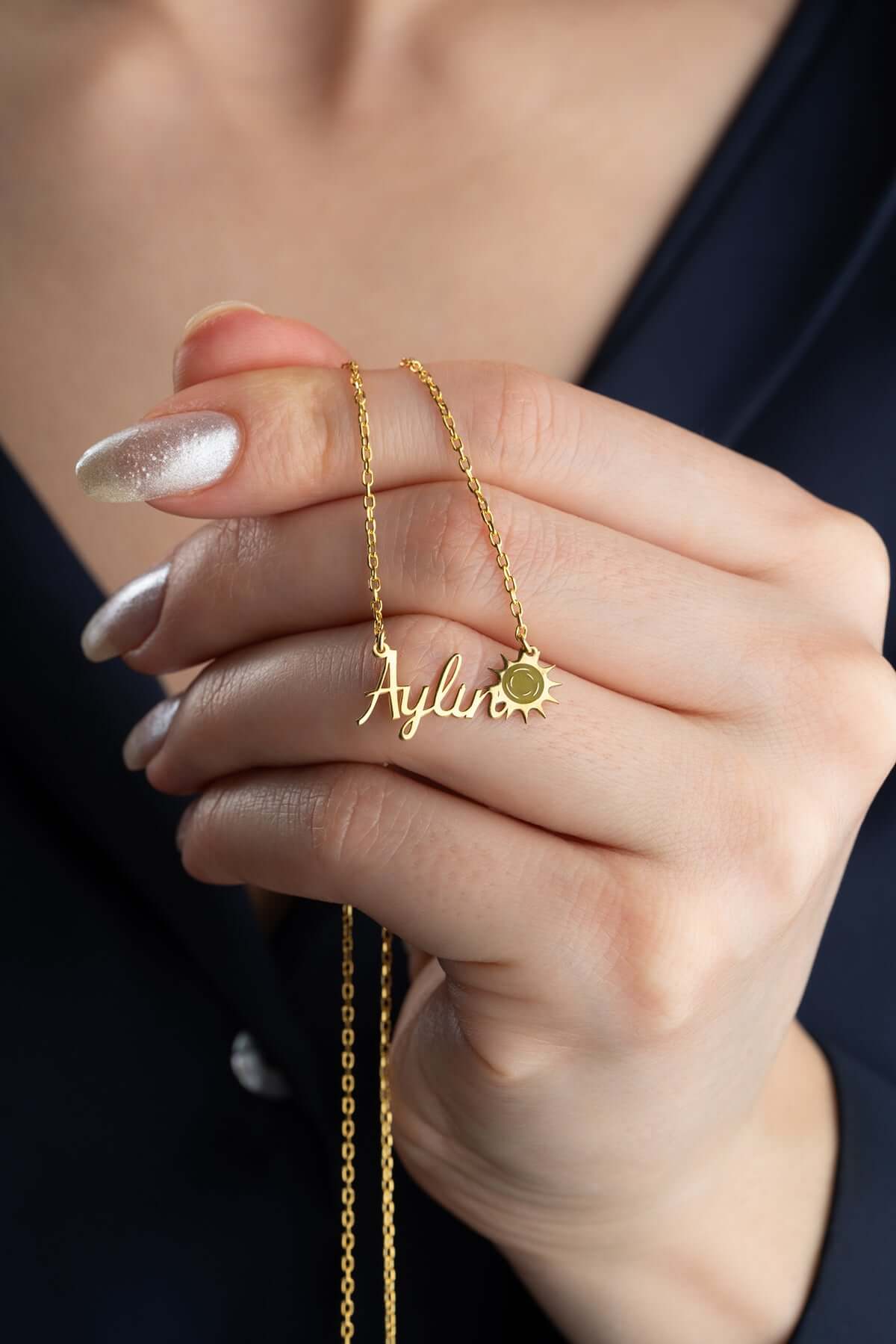 Gümüş İsimli Kolye | Kişiye Özel Güneş Figürlü Altın Kaplama