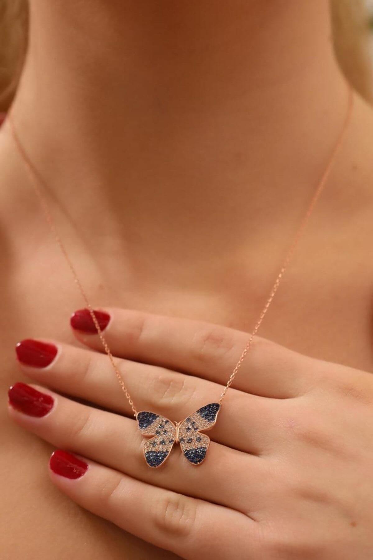 Mavi Zirkon Taşlı 925 Ayar Gümüş Kelebek Kolye - ÖzelSen