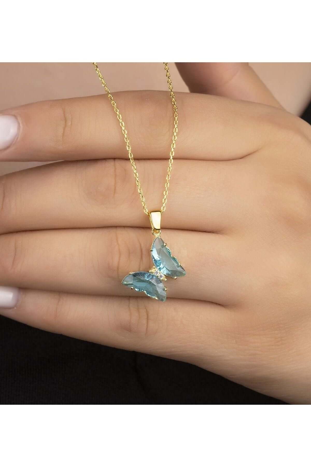 Minimalist 925 Ayar Gümüş Mavi Kelebek Kolye - ÖzelSen