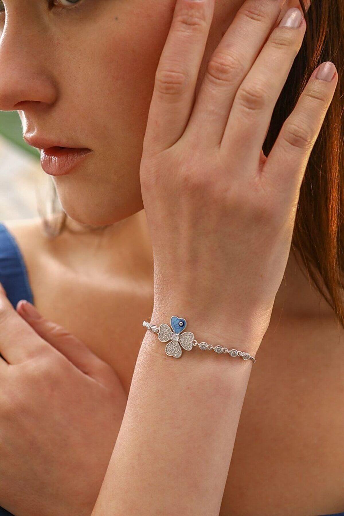 Nazar Boncuklu 925 Ayar Gümüş Yonca Bileklik - ÖzelSen