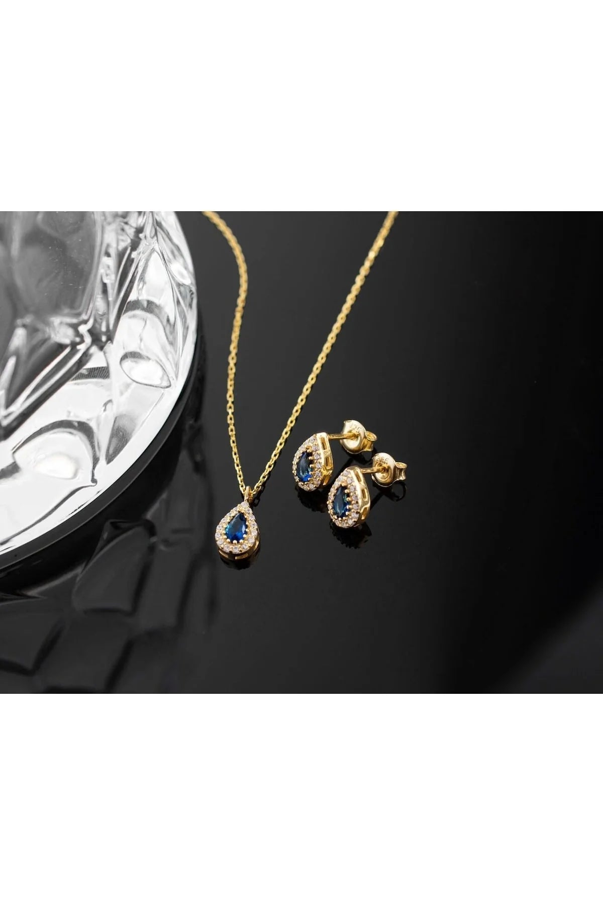 Eylül Ayı Doğum Taşı (Sapphire) 925 Ayar Altın Kaplama Gümüş Set