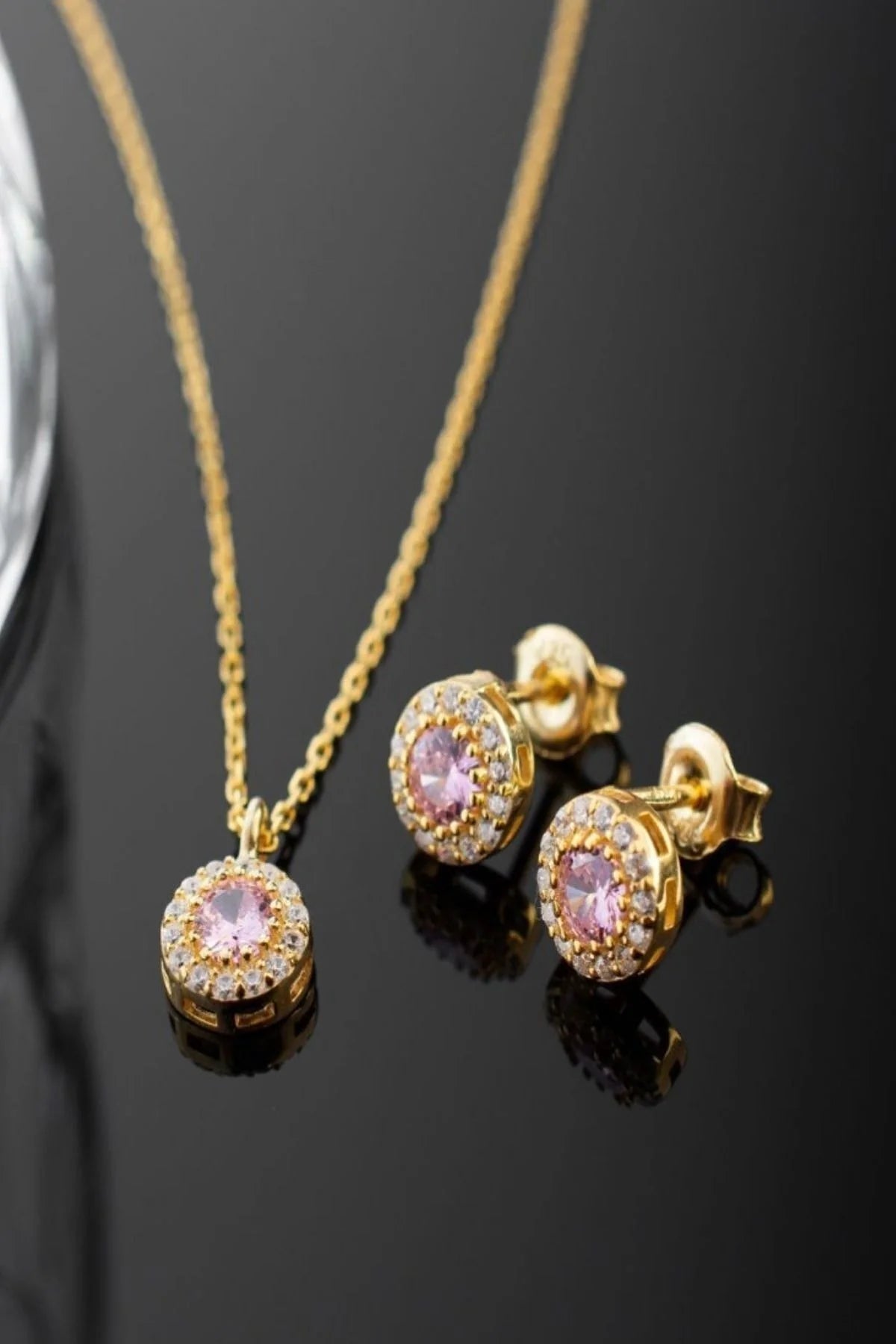 Ekim Ayı Doğum Taşı (Pink Tourmaline) 925 Ayar Altın Kaplama Gümüş Set