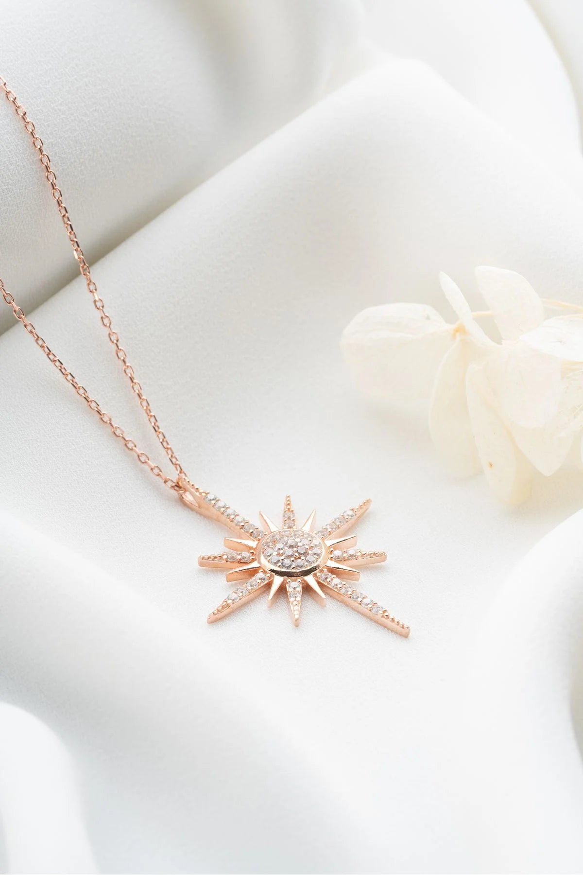 Zirkon Taşlı Kutup Yıldızı 925 Ayar Rose Kaplama Gümüş Kolye