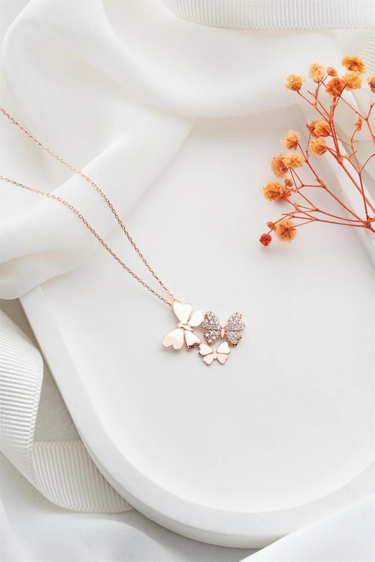 Kelebek 925 Ayar Rose Kaplama Gümüş Kolye – 4