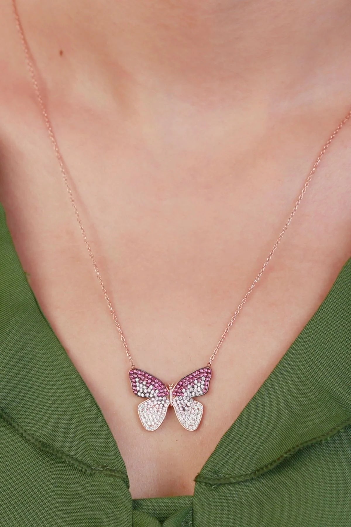 Taşlı Kelebek 925 Ayar Altın Kaplama Gümüş Kolye