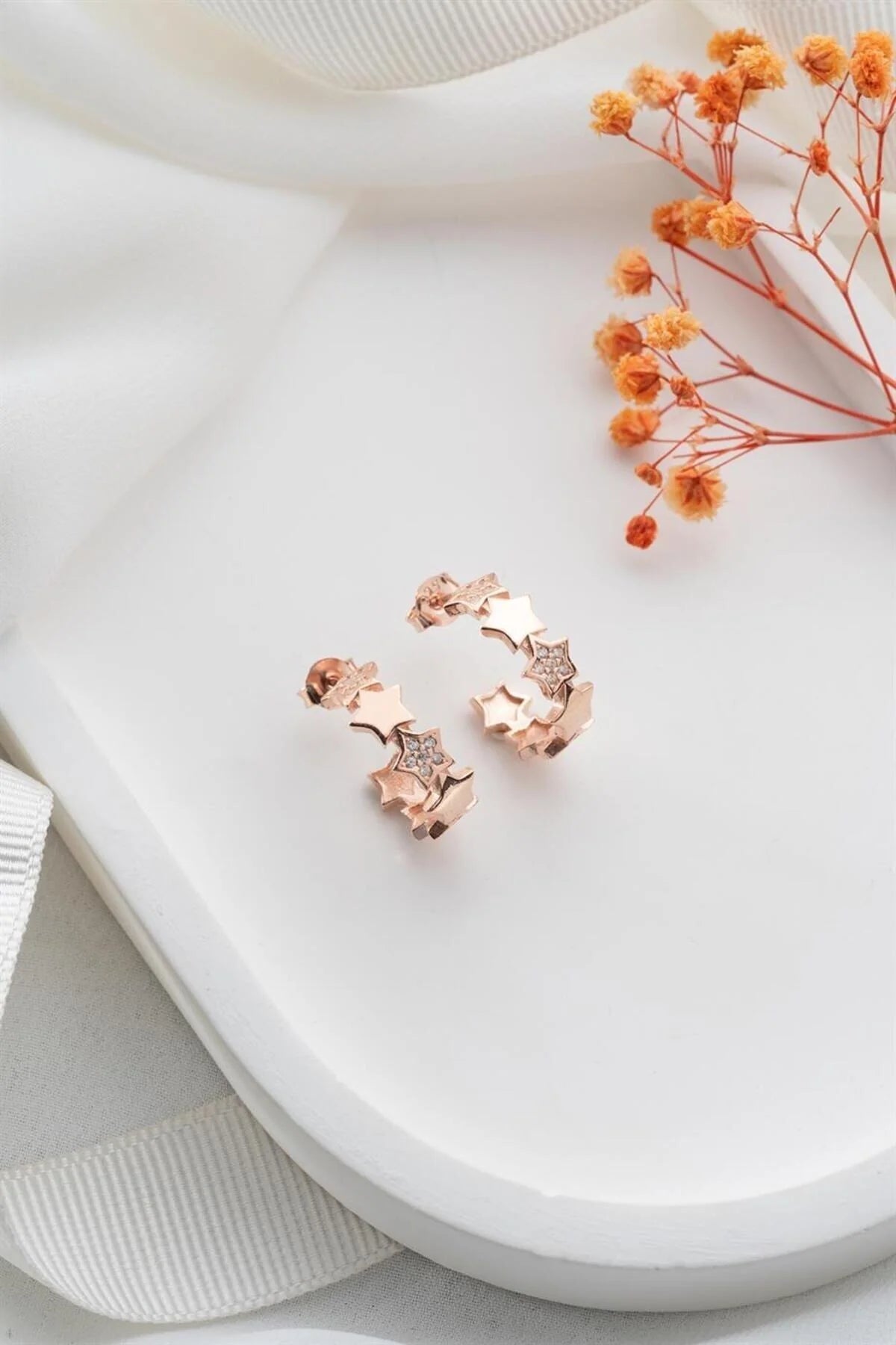 Yıldızlı Halka 925 Ayar Rose Kaplama Gümüş Küpe