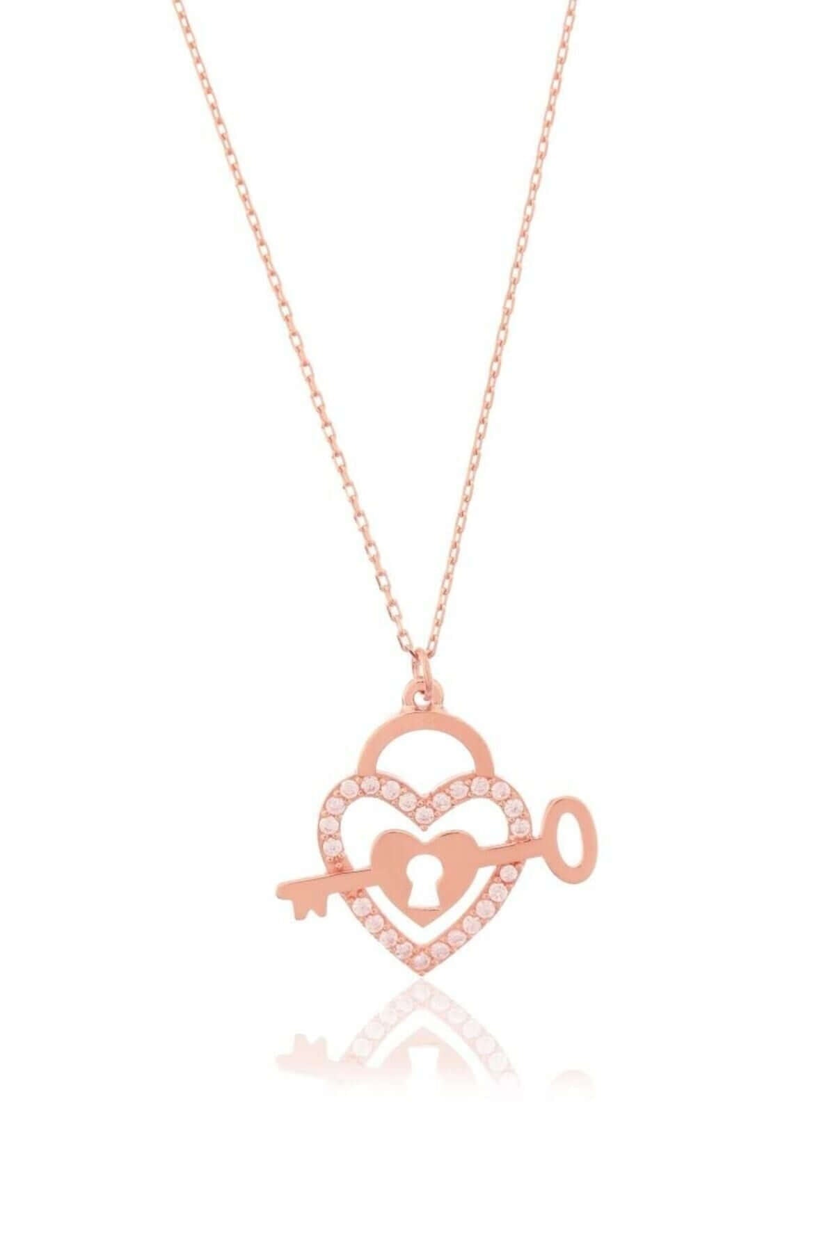 Zirkon Taşlı 925 Ayar Gümüş Anahtarlı Kalpli Kolye - ÖzelSen