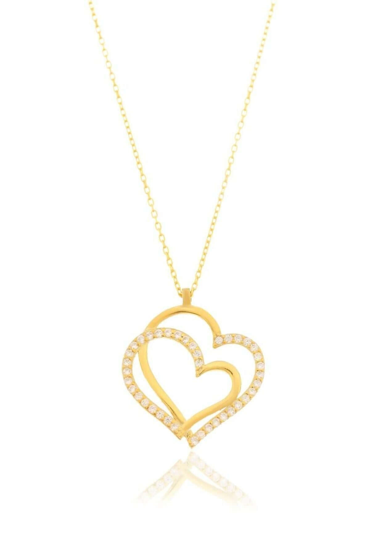 Zirkon Taşlı 925 Ayar Gümüş Çift Kalpli Kolye - ÖzelSen