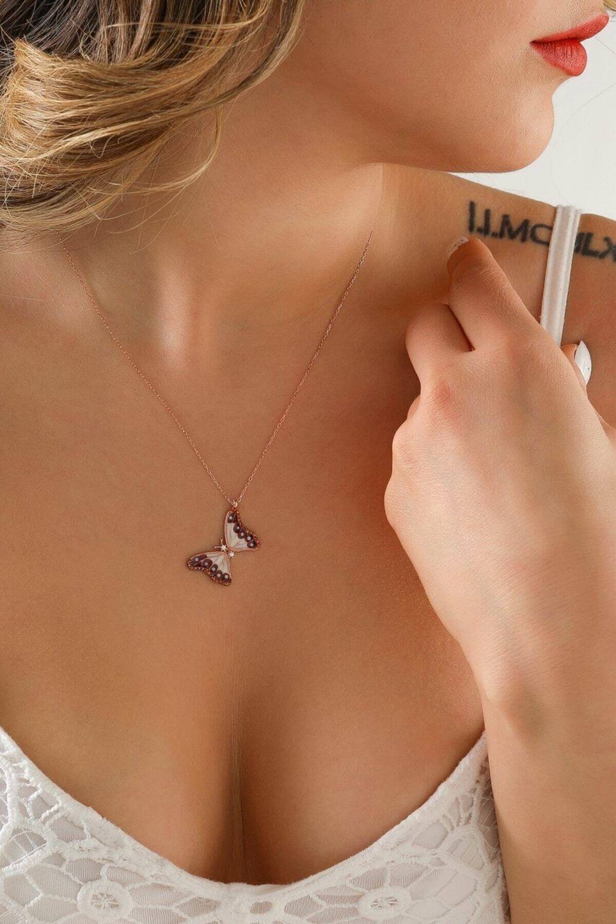 Zirkon Taşlı Kahverengi 925 Ayar Gümüş Kelebek Kolye - ÖzelSen