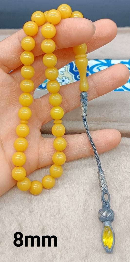 Gümüş Kazaz Püskül Küre Kesim Sarı Sıkma Kehribar Tesbih - ÖzelSen