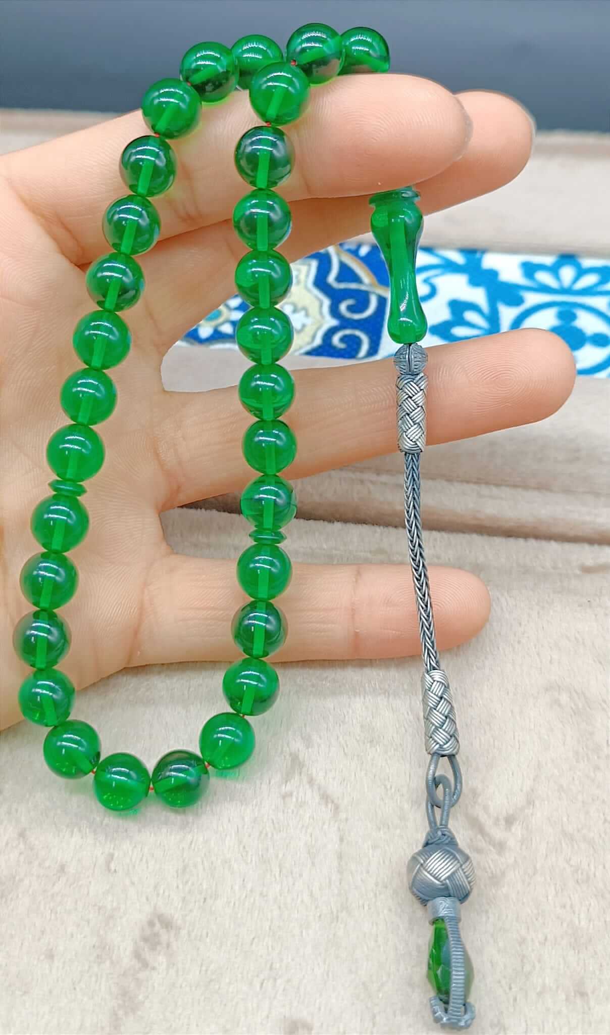 Gümüş Kazaz Püskül Küre Kesim Yeşil Sıkma Kehribar Tesbih - ÖzelSen