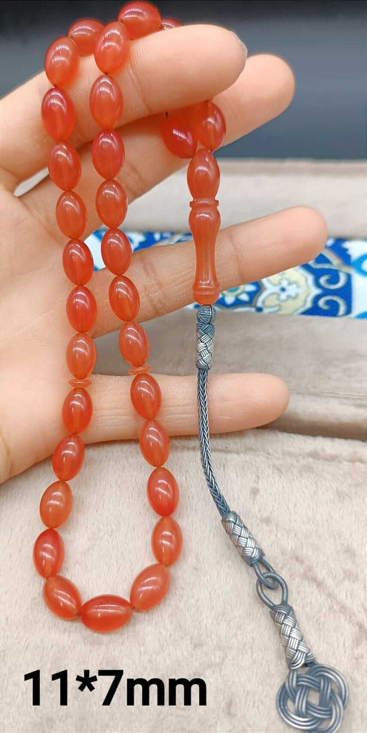 Gümüş Kazaz Püsküllü Arpa Kesim Nar Çiçeği Sıkma Kehribar Tesbih - ÖzelSen