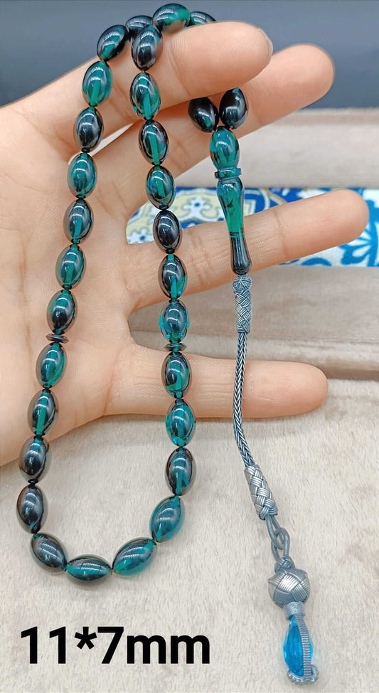 Gümüş Kazaz Püsküllü Arpa Kesim Yeşil Siyah Sıkma Kehribar Tesbih - ÖzelSen