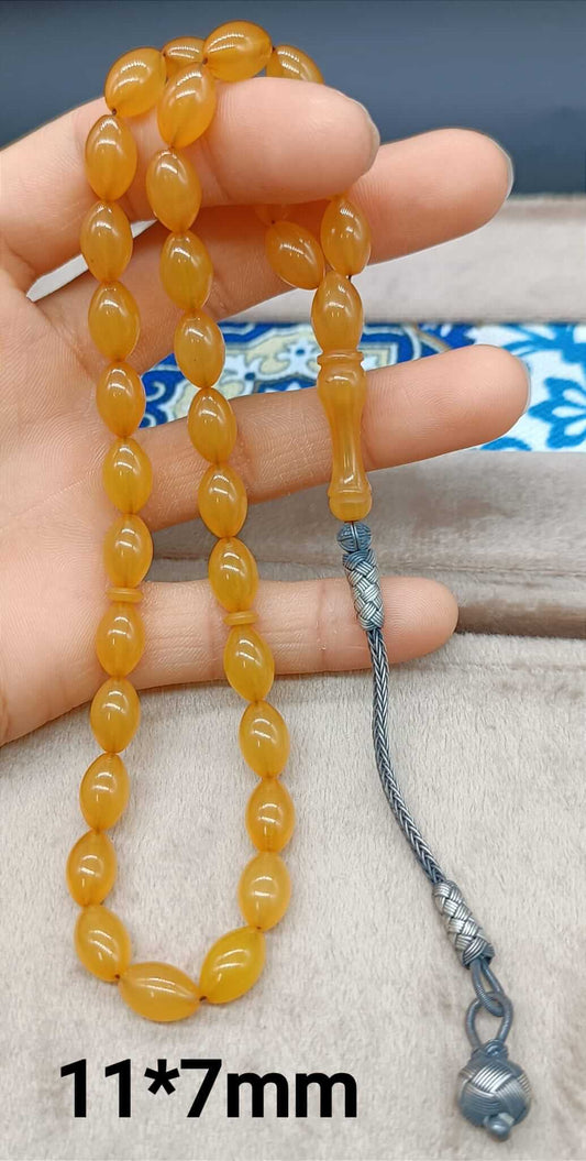 Gümüş Kazaz Püsküllü Hardal Rengi Arpa Kesim Sıkma Kehribar Tesbih - ÖzelSen