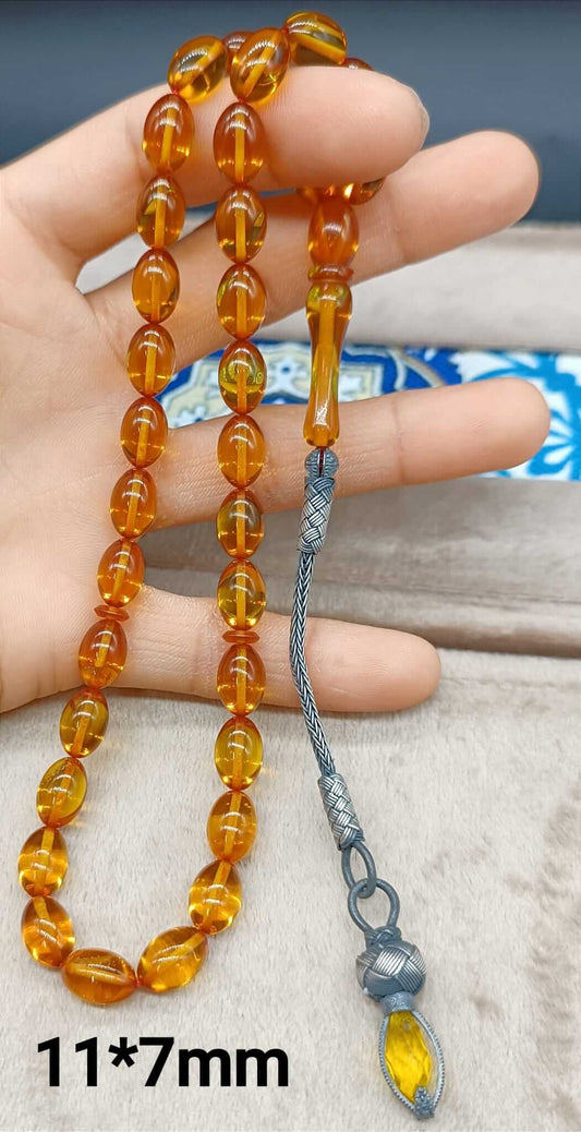 Gümüş Kazaz Püsküllü Bal Rengi Arpa Kesim Sıkma Kehribar Tesbih - ÖzelSen