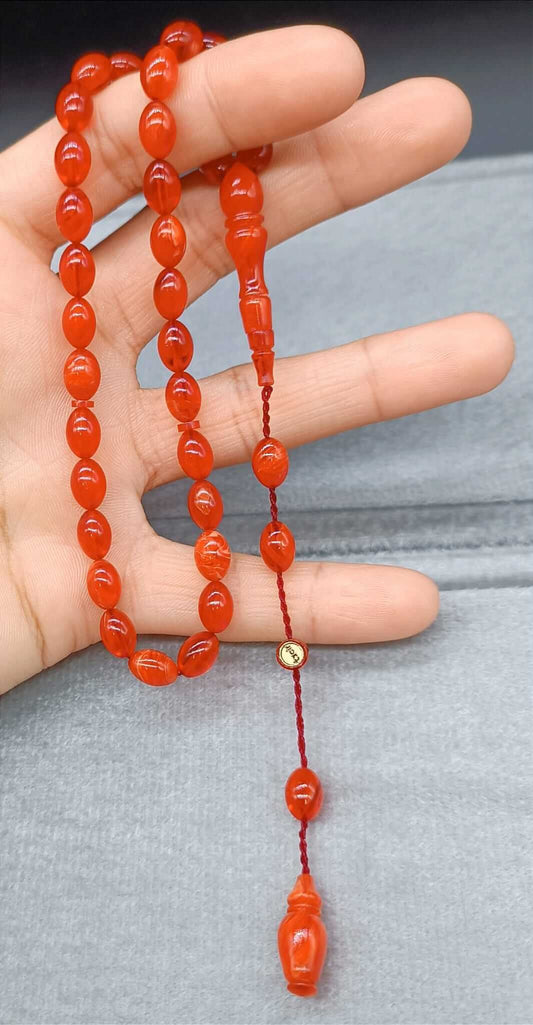 Usta İşçilik Özel Arpa Kesim Kırmızı Sıkma Kehribar Tesbih - ÖzelSen