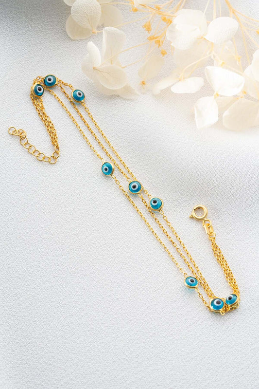 925 Ayar Gümüş Altın Kaplama Üçlü Nazar Boncuklu Bileklik - ÖzelSen