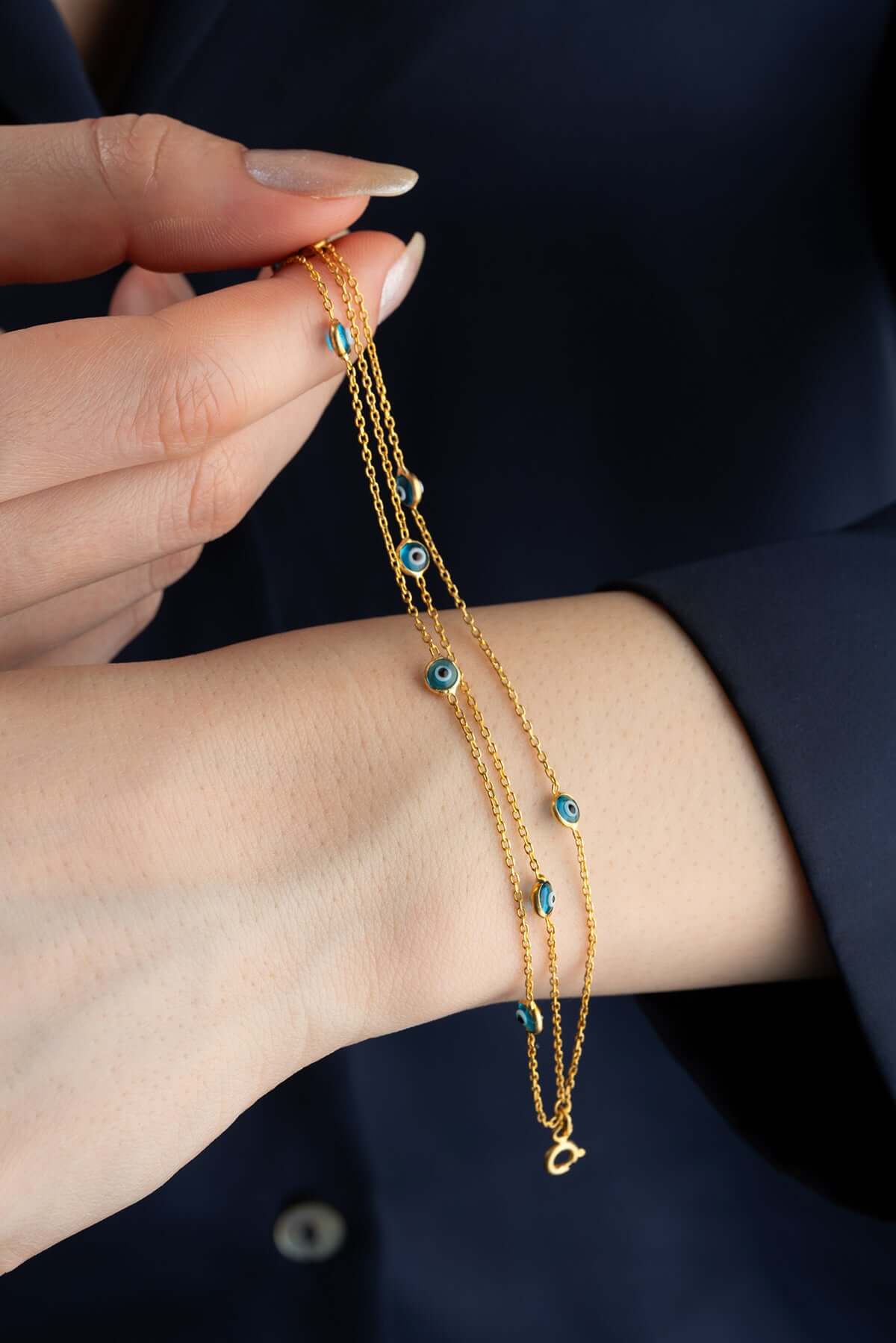 925 Ayar Gümüş Altın Kaplama Üçlü Nazar Boncuklu Bileklik - ÖzelSen