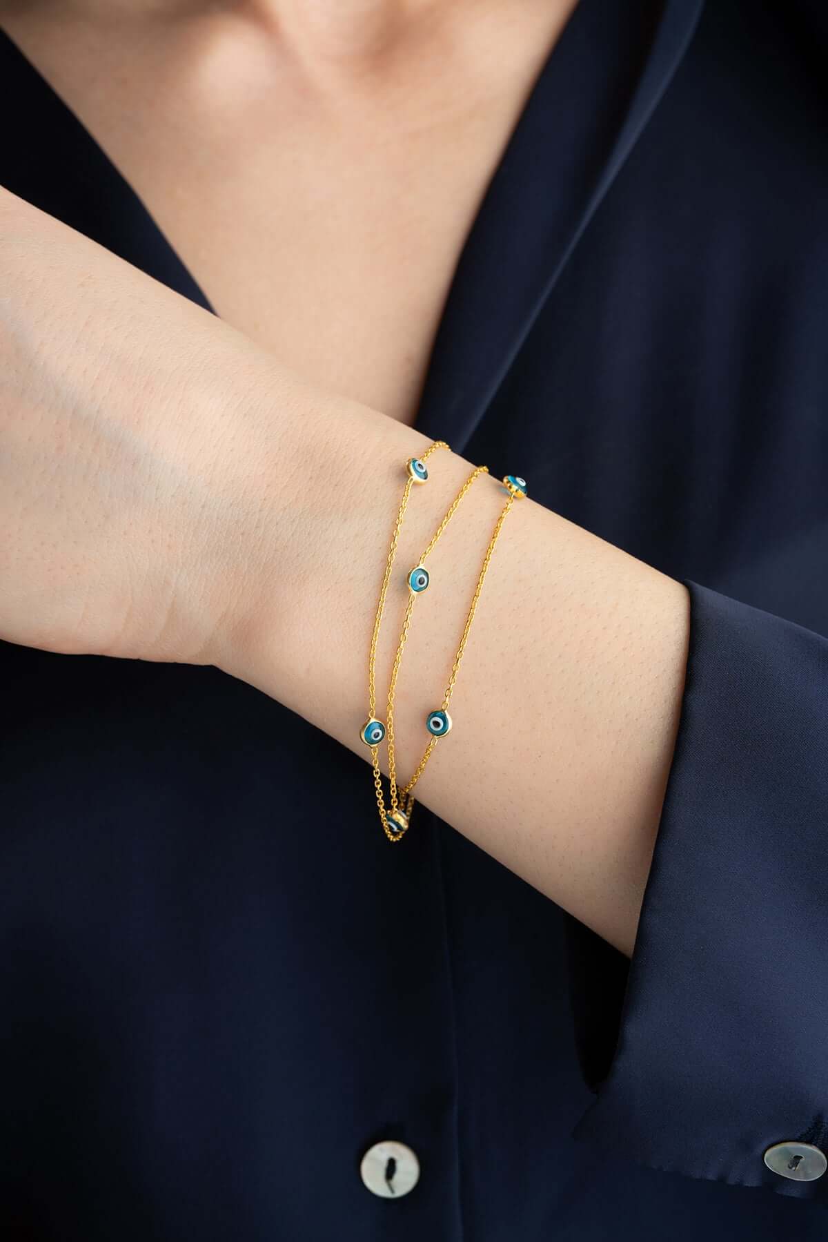 925 Ayar Gümüş Altın Kaplama Üçlü Nazar Boncuklu Bileklik - ÖzelSen