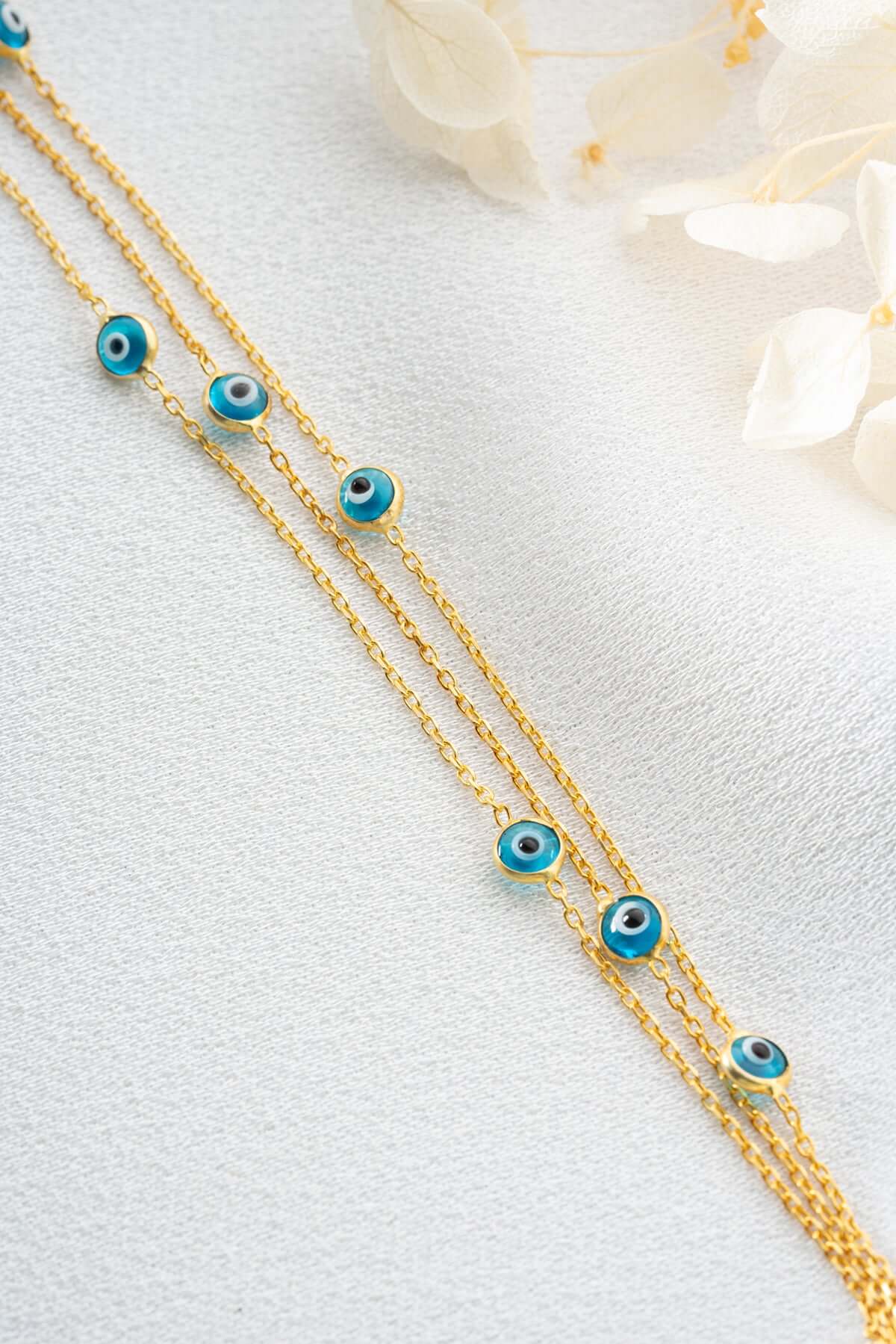 925 Ayar Gümüş Altın Kaplama Üçlü Nazar Boncuklu Bileklik - ÖzelSen