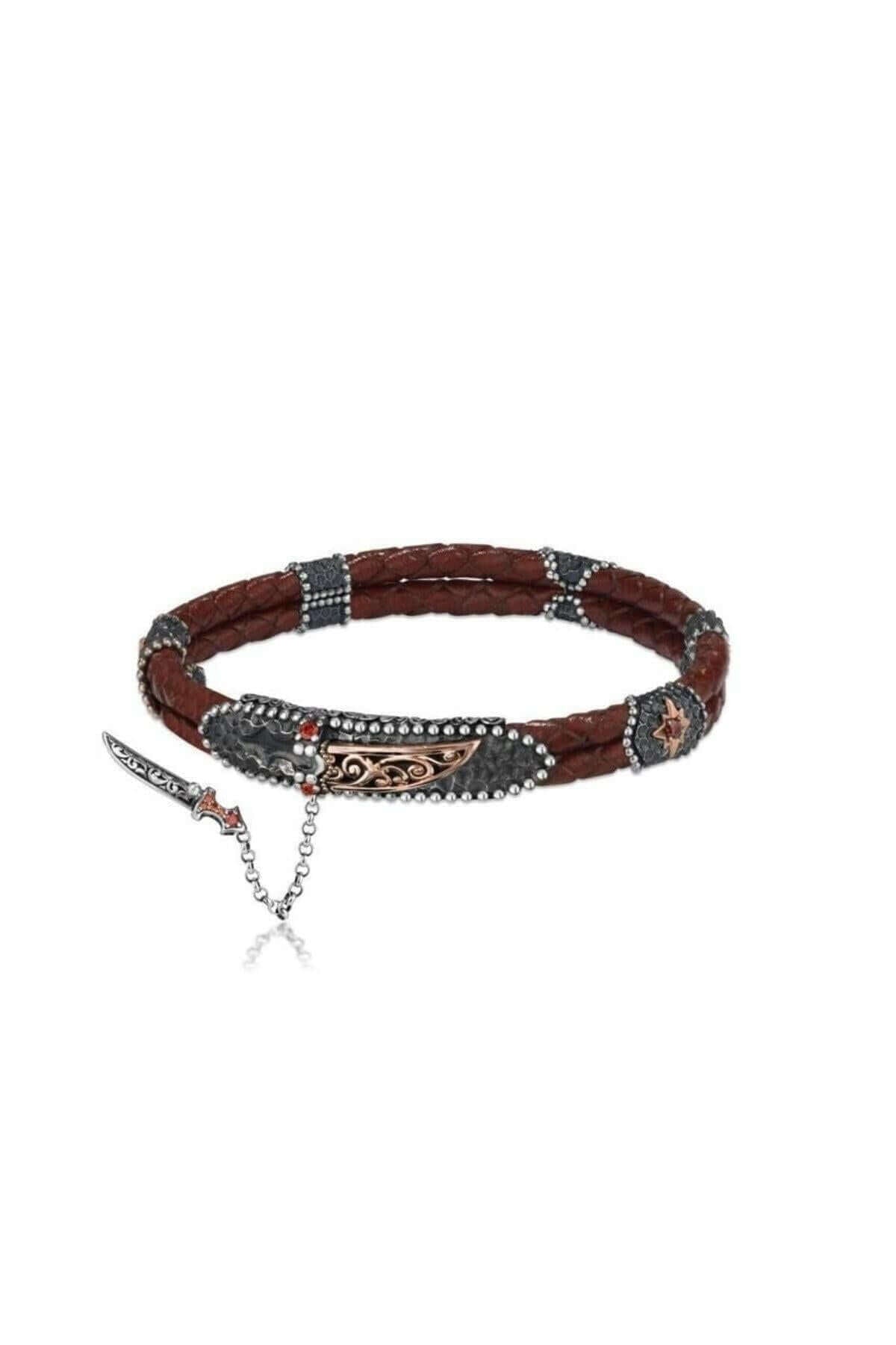 925 Ayar Gümüş Hançer Motifli Hakiki Deri Kombin Erkek Bileklik - ÖzelSen