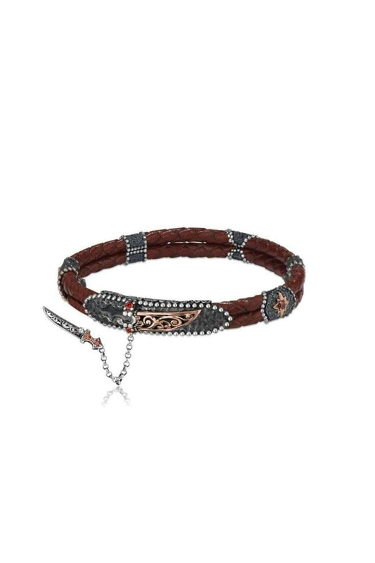 925 Ayar Gümüş Hançer Motifli Hakiki Deri Kombin Erkek Bileklik - ÖzelSen