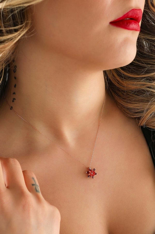 925 Ayar Gümüş Kırmızı Lotus Çiçeği Kolye - ÖzelSen