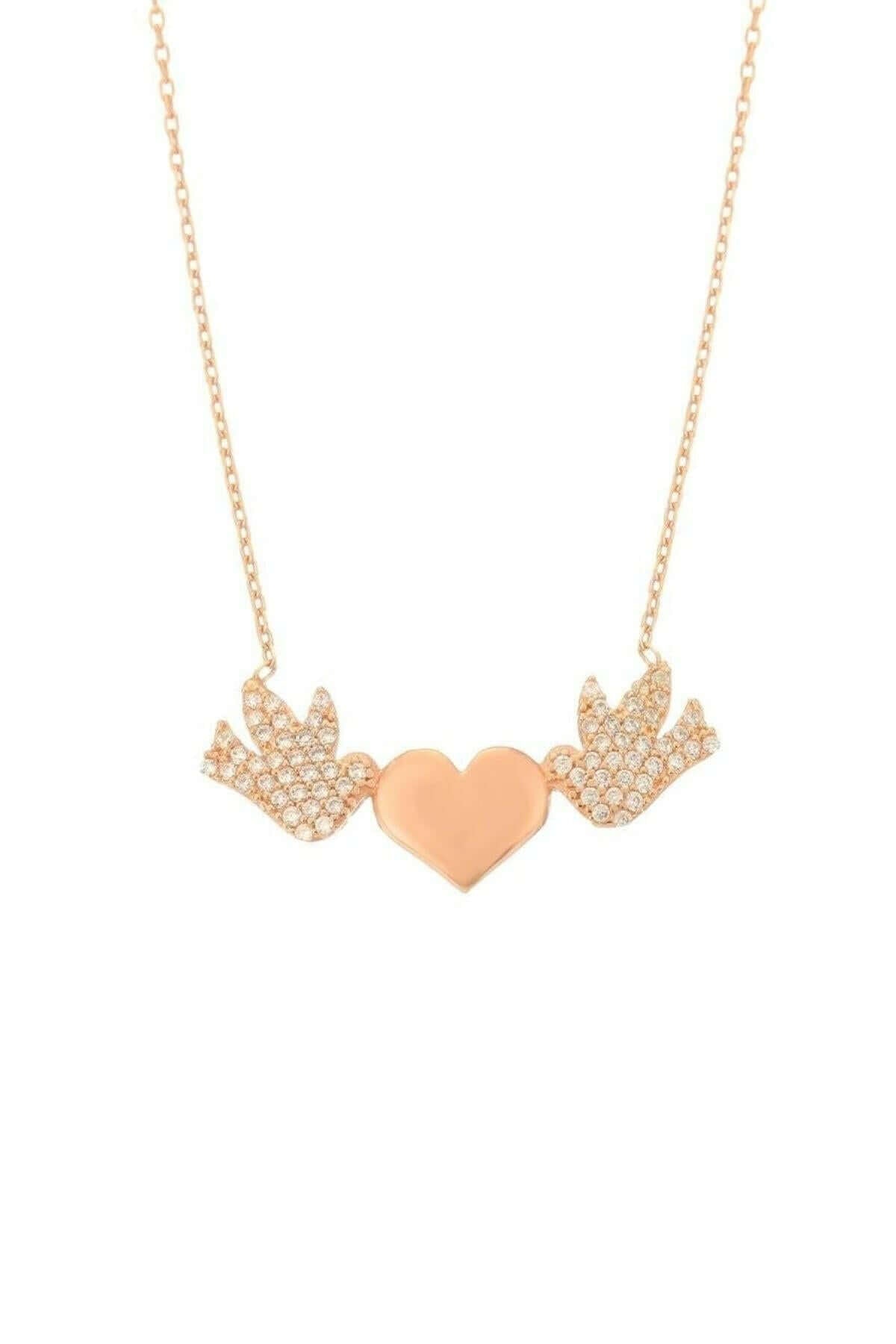 925 Ayar Gümüş Kuşlu Kalpli Kolye - ÖzelSen