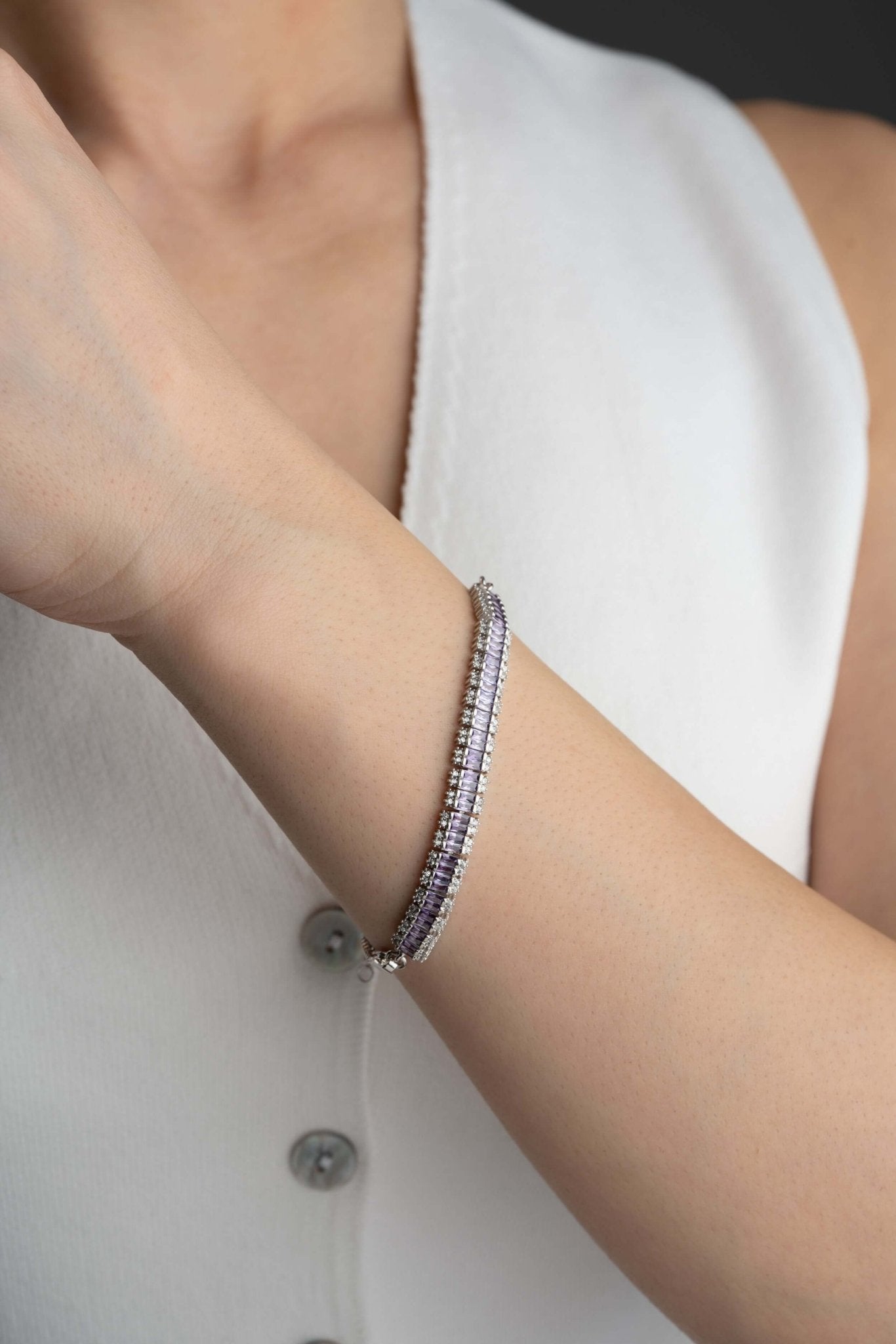 925 Ayar Gümüş Lila Baget Taşlı Bileklik - ÖzelSen