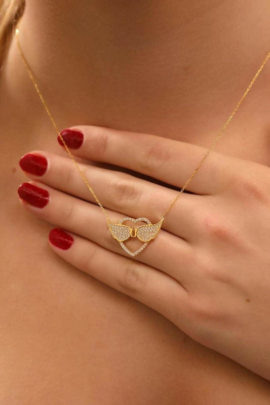 925 Ayar Gümüş Melek Kanadı Kalpli Kolye - ÖzelSen