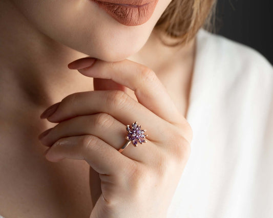 925 Ayar Gümüş Mor Taşlı Lotus Çiçeği Yüzük - ÖzelSen