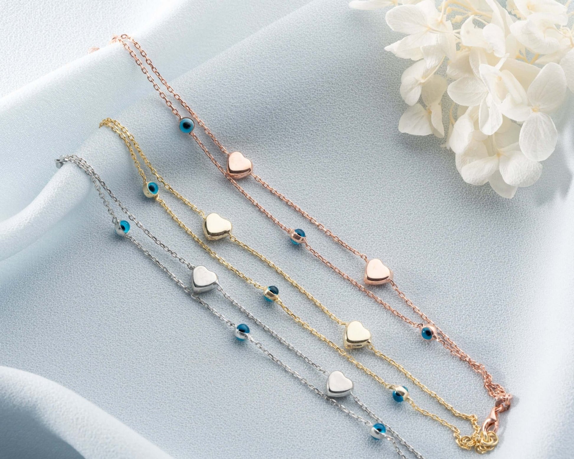 925 Ayar Gümüş Nazar Boncuklu Kalpli Bileklik - ÖzelSen