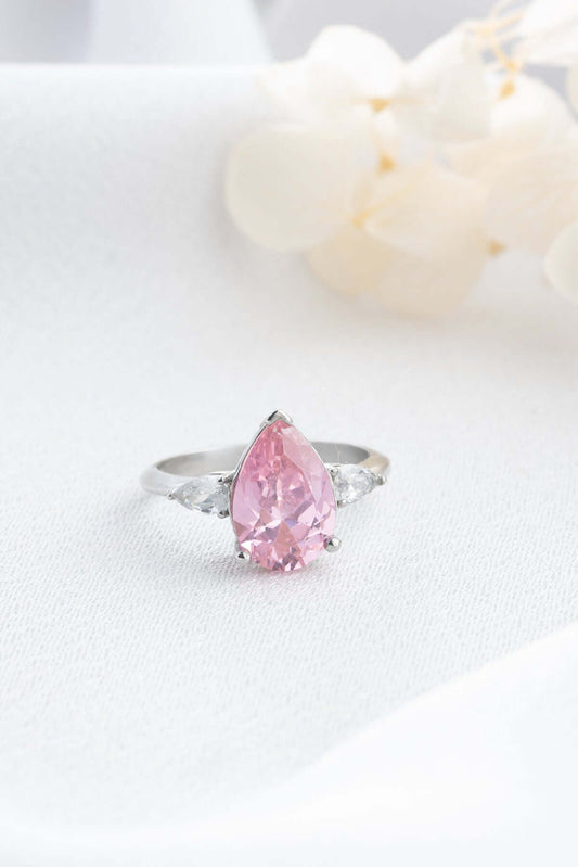 925 Ayar Gümüş Pembe Zirkon Taşlı Damla Yüzük - ÖzelSen