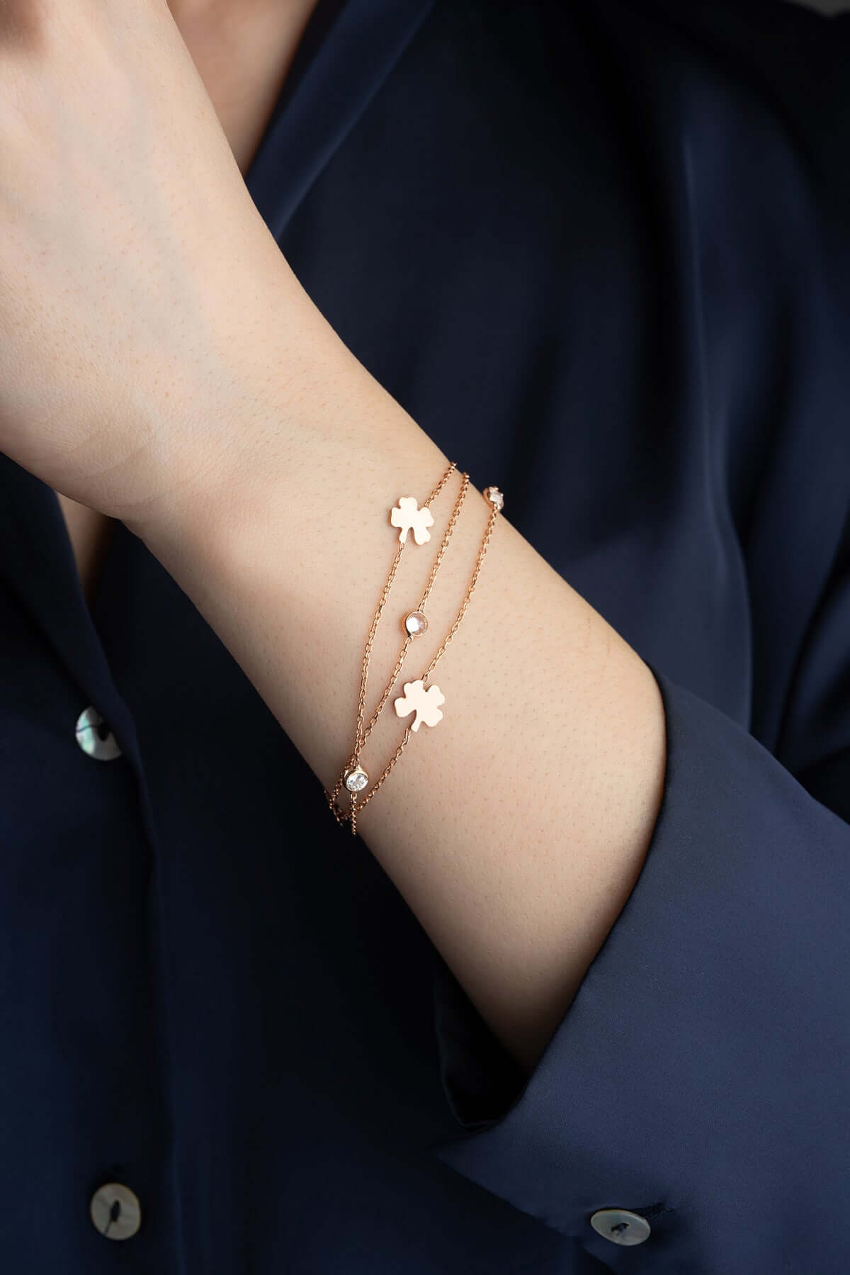 925 Ayar Gümüş Üç Zincirli 4 Yapraklı Yonca Bileklik - ÖzelSen